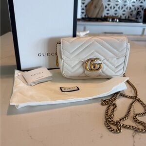 Gucci White Chevron Marmont Mini Crossbody with Gold Hardware